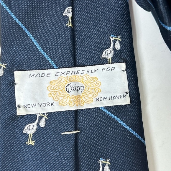 Chipp New Haven Custom Tailor All Over Print Stork Pattern Navy Blue Tie - Picture 7 of 9